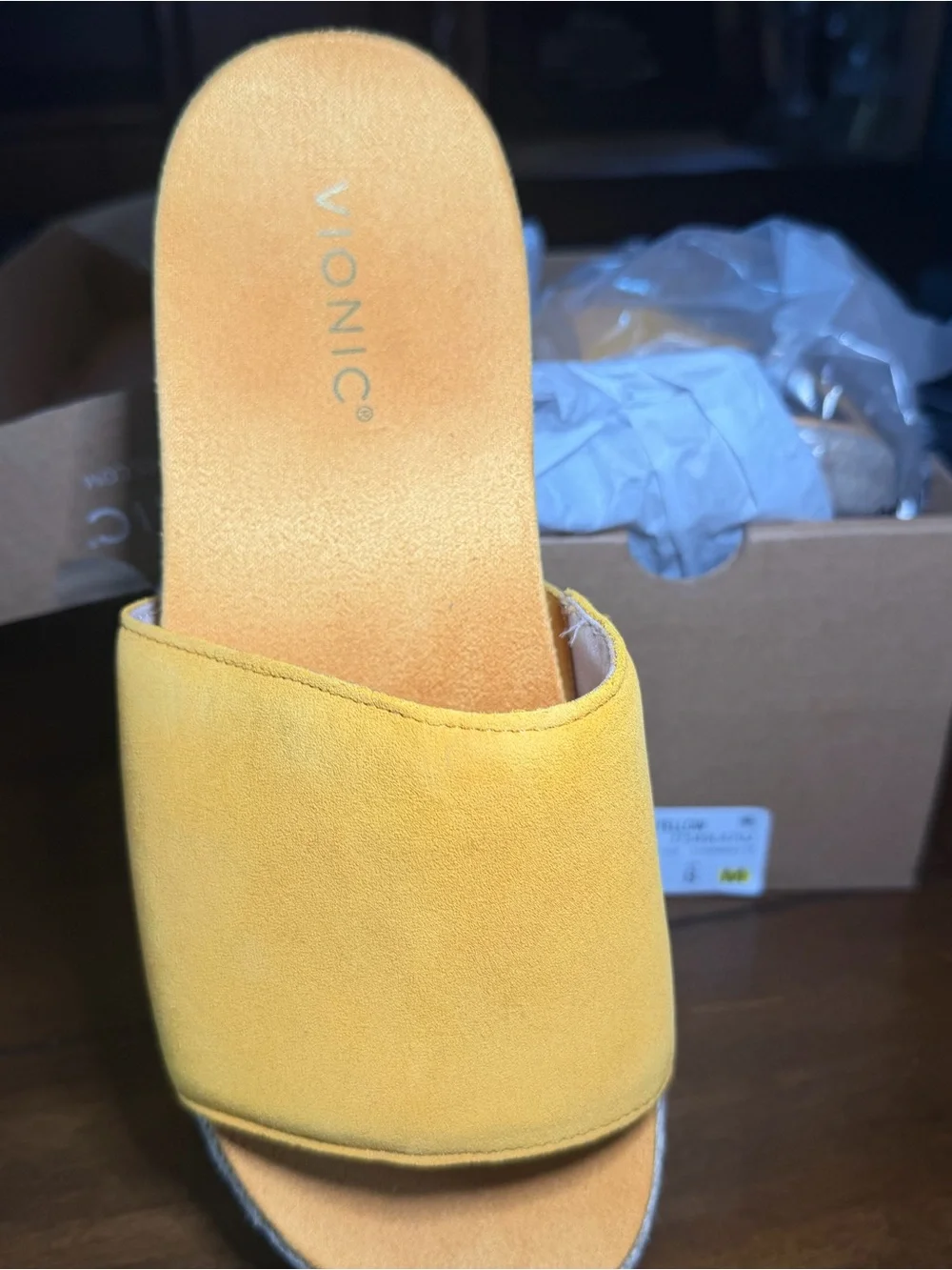 Vionic Amber Yellow Suede Slide Sandals